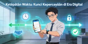 Ilustrasi profesional muda memeriksa jam tangan pintar dan aplikasi kalender untuk membangun kepercayaan melalui ketepatan waktu di era teknologi modern.