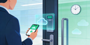 ilustrasi teknologi absensi digital, vector modern, aplikasi cloud, etika kerja